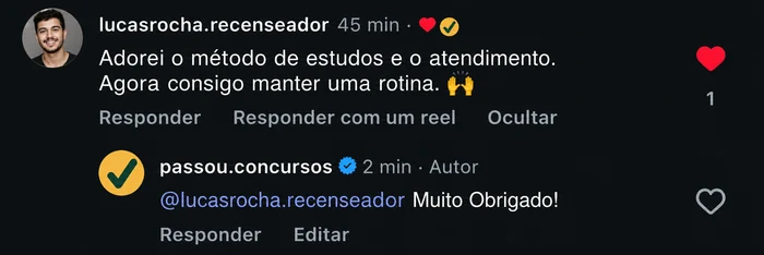 Feedback de aluno sobre método de estudos e atendimento