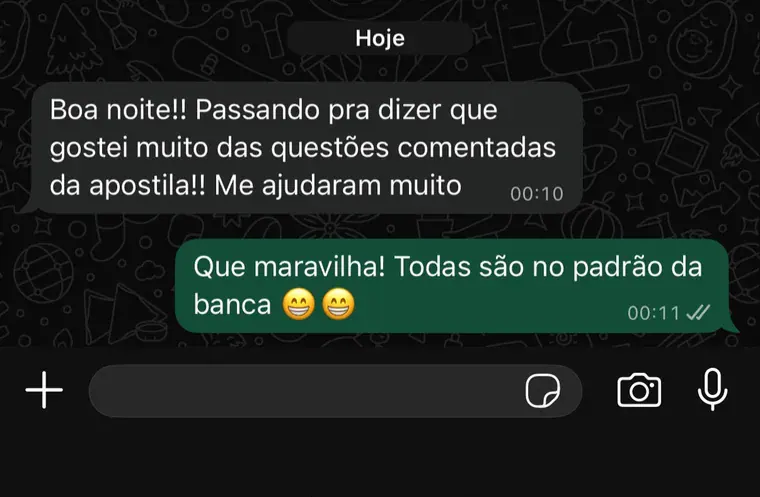 Mensagem de aluno dizendo que gostou muito das questões comentadas da apostila e que elas ajudaram bastante