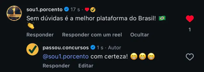 Comentário de aluno dizendo que é a melhor plataforma do Brasil