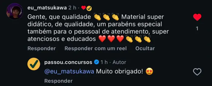 Comentário de aluno elogiando a qualidade do material didático e o atendimento da equipe