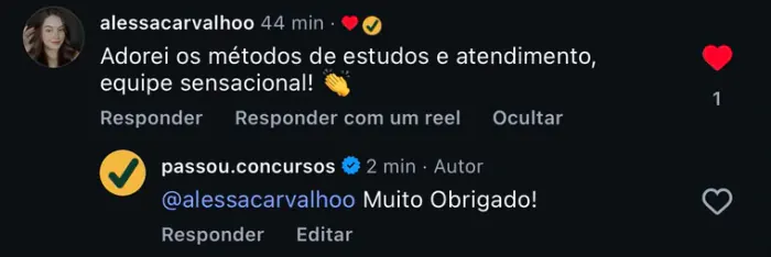 Comentário de aluna dizendo que adorou os métodos de estudo e o atendimento da equipe