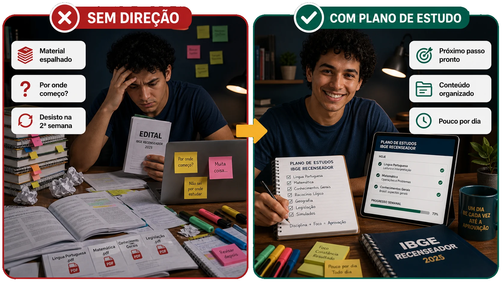 Comparação entre estudar sem direção e estudar com o Método Próximo Passo Recenseador, com o planejamento visível na tela do notebook