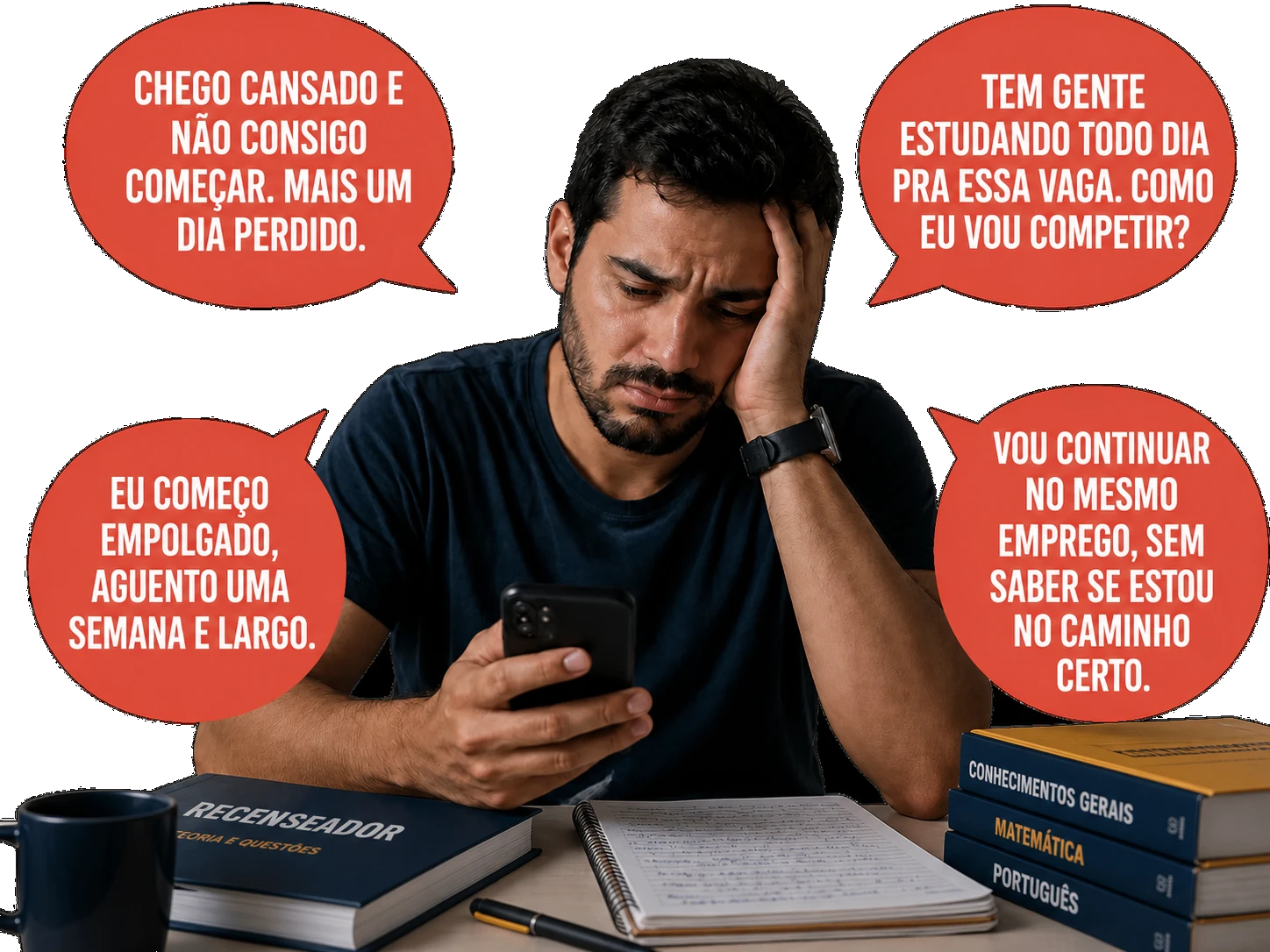 Candidato cansado diante dos estudos, cercado por pensamentos sobre tempo, constância, concorrência e estabilidade